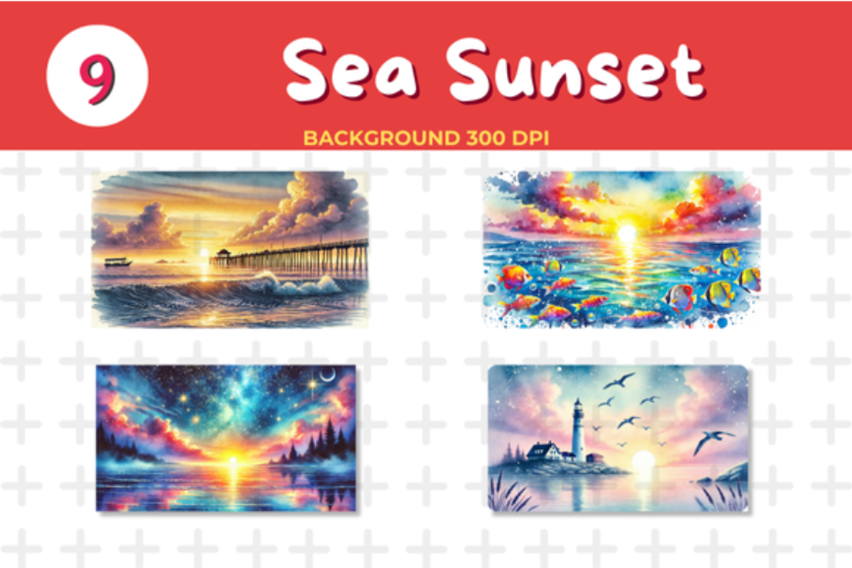 Watercolor Sea Sunset Background JPG, an Education Illustration by John_Walker (Photo 2 of 4)