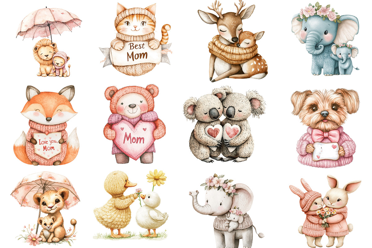 Kawaii Knitted Animals Mother's Day, an Illustration by Watercolor design (Photo 2 of 5)