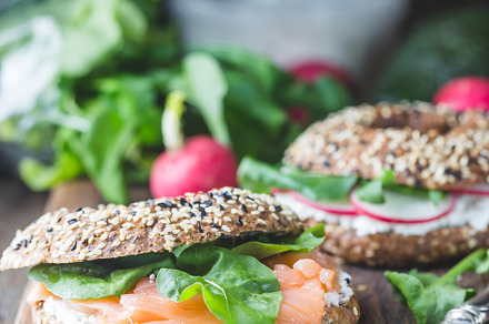 Healthy breackfast with bagels containing bagel, food, and lunch, a Food & Drink Photo by piter.goskov