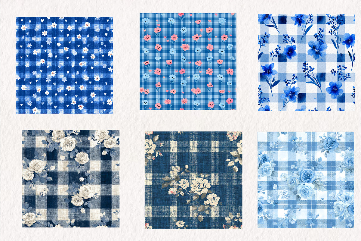 Blue Floral Gingham Seamless Pattern, an Illustration by CreationArt