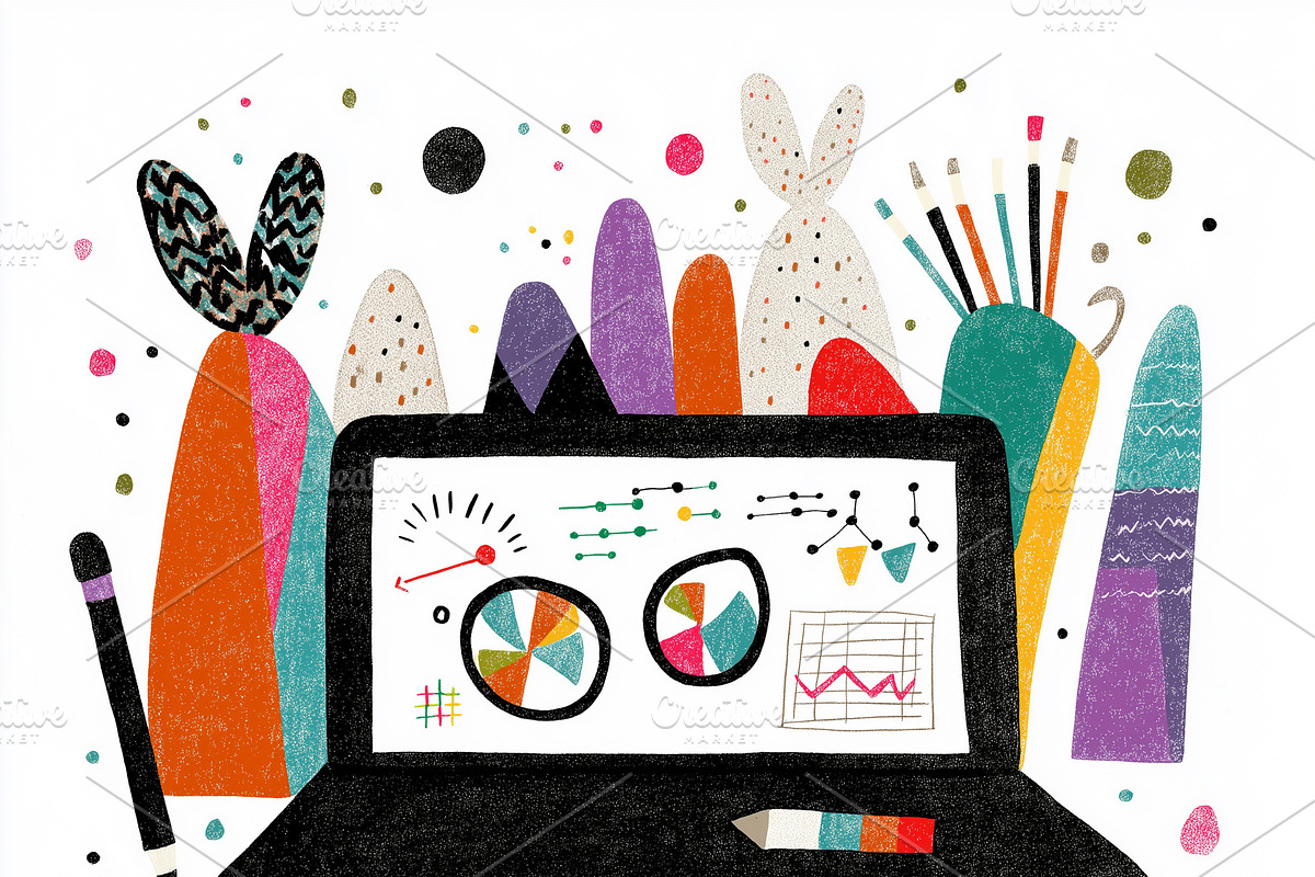 Charts and graphs on a artoon laptop, a Work Illustration by Sybillla