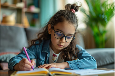 Arab girl doing homework in living, a School & Education Photo by Lermont51