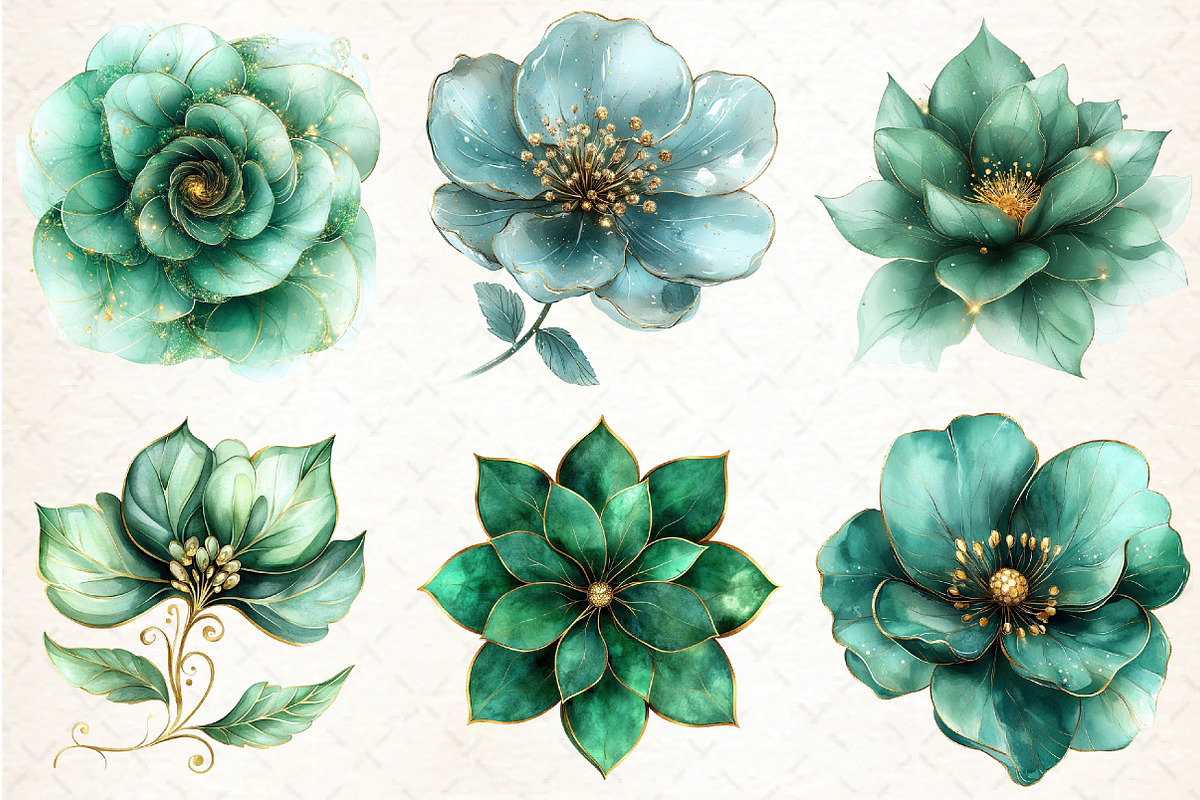 Abstract Green Gold Flower Clipart, an Illustration by DreamCafeArt (Photo 2 of 7)
