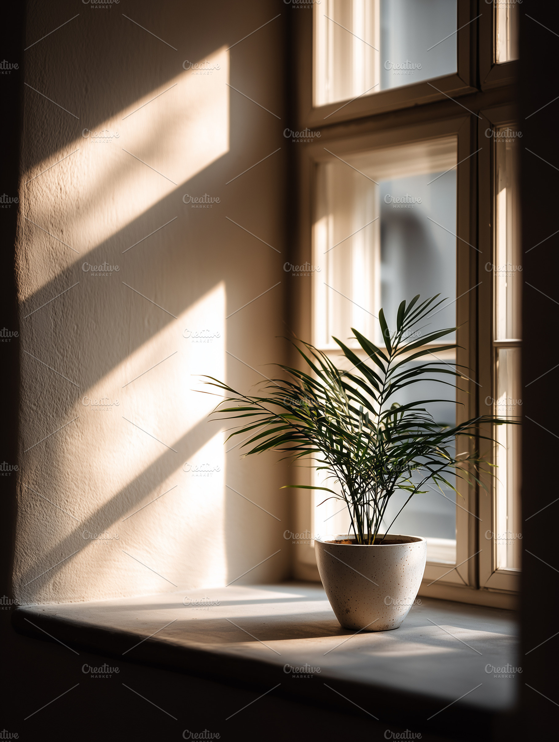 Sunlit potted palm on a windowsill, an Architecture Photo by MistyDay