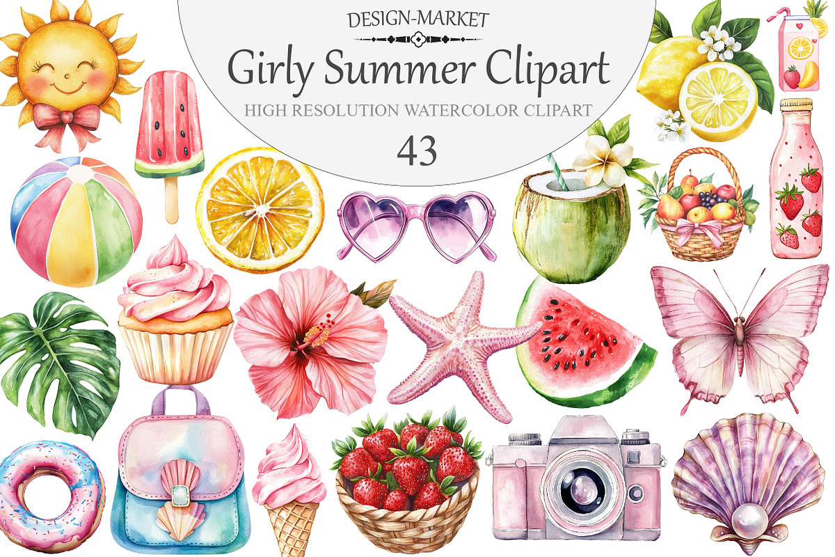 Watercolor Girly Summer Clipart, an Illustration by Design Market (Photo 1 of 5)