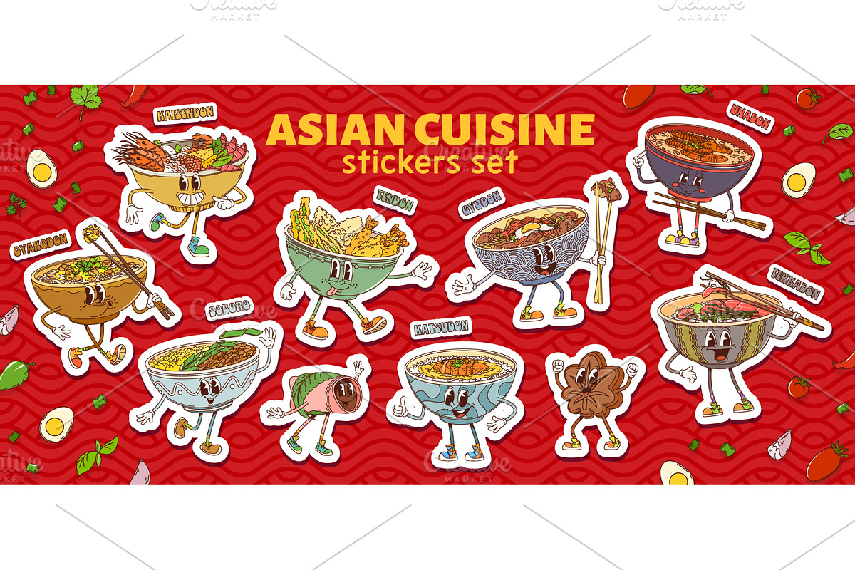 Retro groovy cuisine stickers pack, a Food Illustration by Vector Tradition