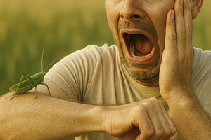 a frightened man faces a grasshopper, generative AI, a Photo by Nito