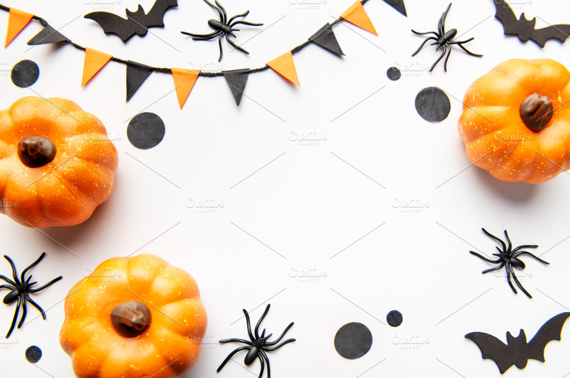Halloween pumpkins with spiders bats and festive decorations, a Holiday Photo by Olena Rudo