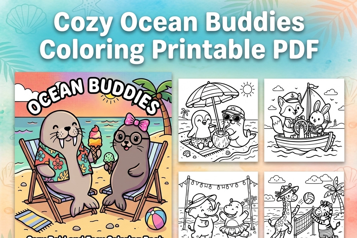 Cozy Ocean Buddies Coloring Page PDF, an Animal Illustration by Image for Sale (Photo 1 of 3)