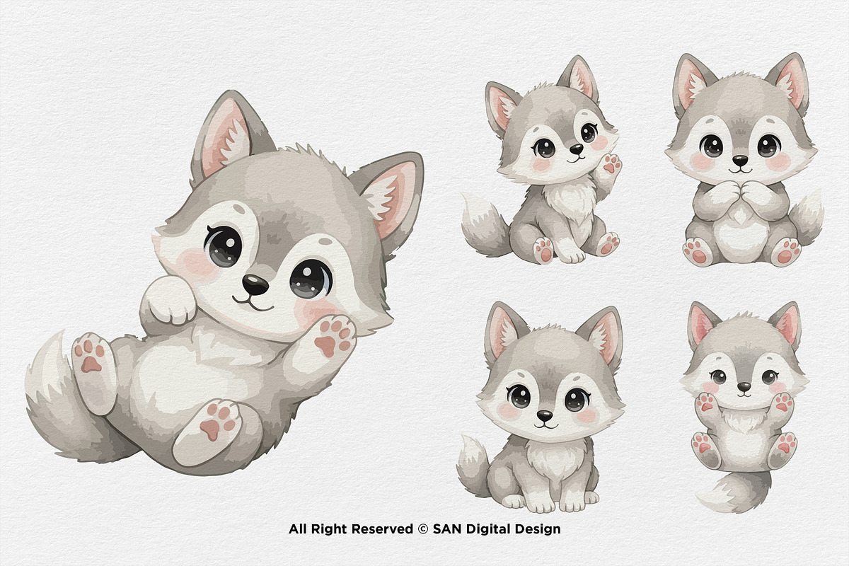 15 Bundle Watercolor Wolf Grey Nigh, an Animal Illustration by Morspective (Photo 5 of 8)