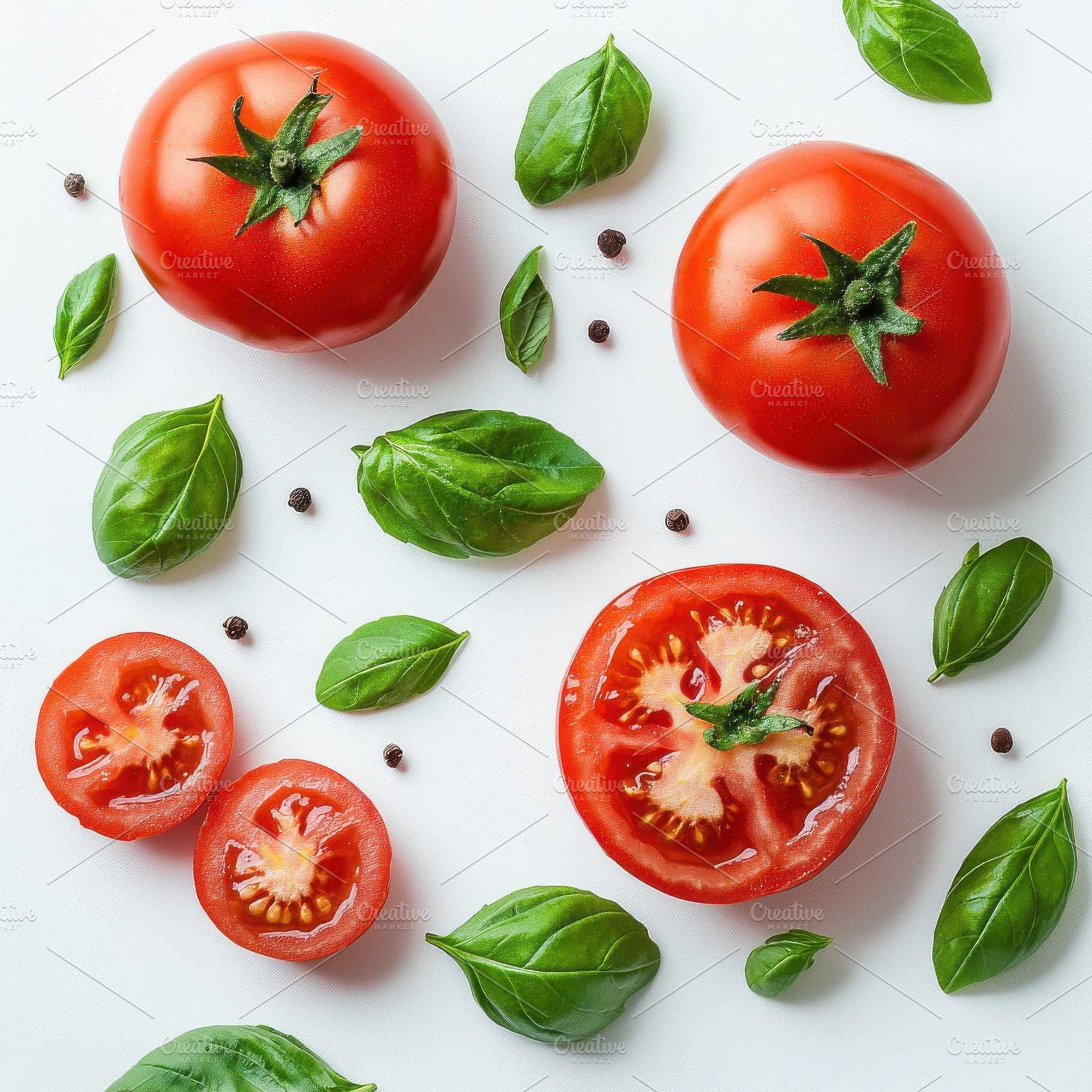 Tomatoes with green basil leaves, is, a Food & Drink Photo by Pixeness