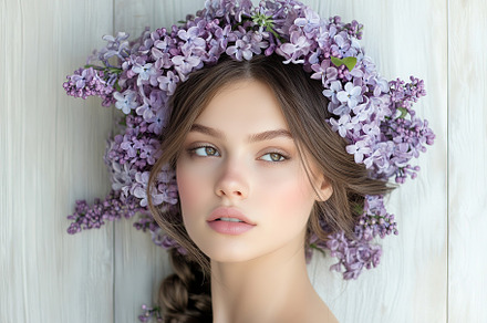 Beauty model girl with wreath on her head from purple lilac flowers, a Person Photo by AlyaAnd