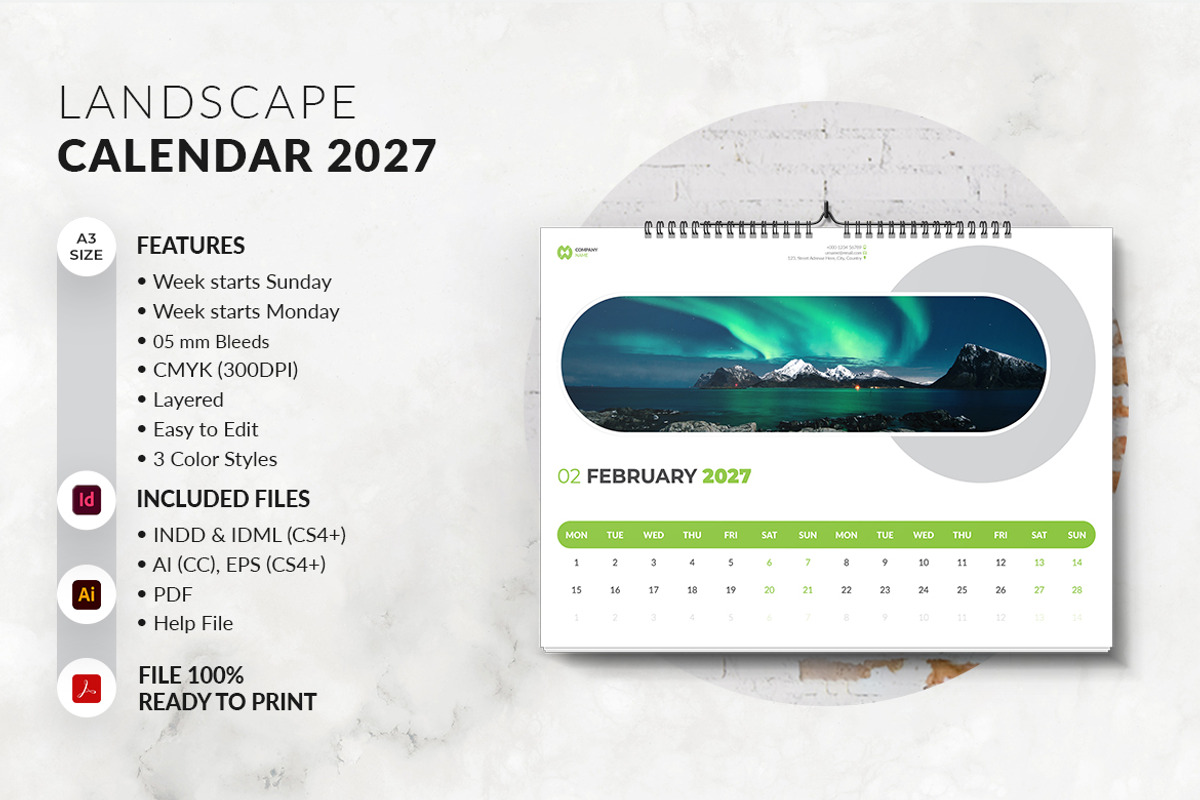 Landscape Calendar 2027 Template, a Stationery Template by MstArtwork (Photo 3 of 7)