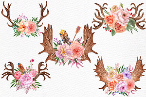 Watercolor Floral Antlers Clipart