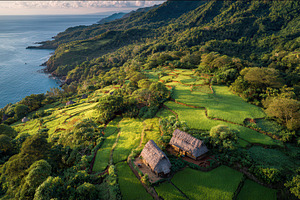 Lush green fields and rustic houses, a Photo by Pavel_design