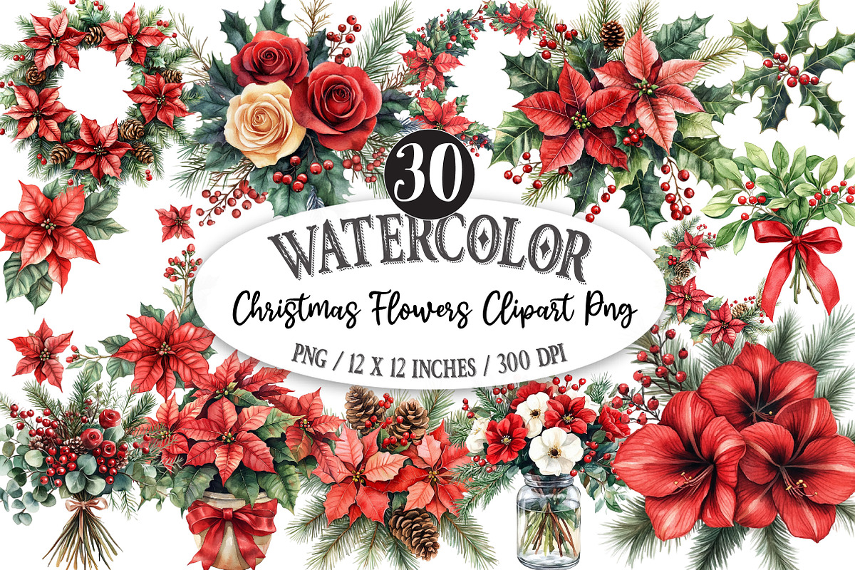 Christmas Flowers Clipart Png, an Illustration by Designking (Photo 1 of 5)