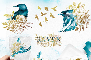 Watercolor Raven Clipart Set