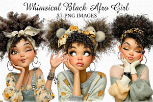 Whimsical Black Afro Girl Clipart, an Illustration by Craft Nest