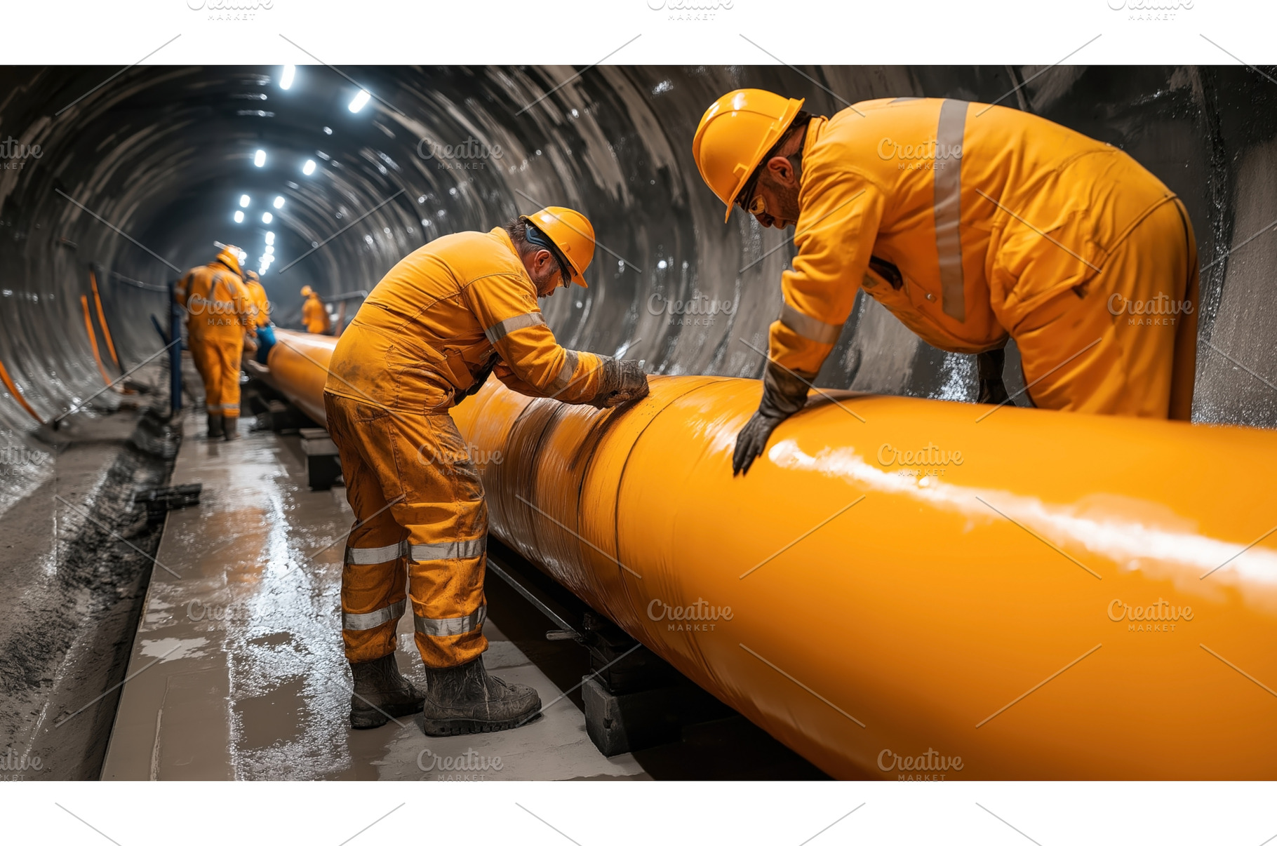 Construction workers in orange, an Industrial Photo by Sergey Kotenev