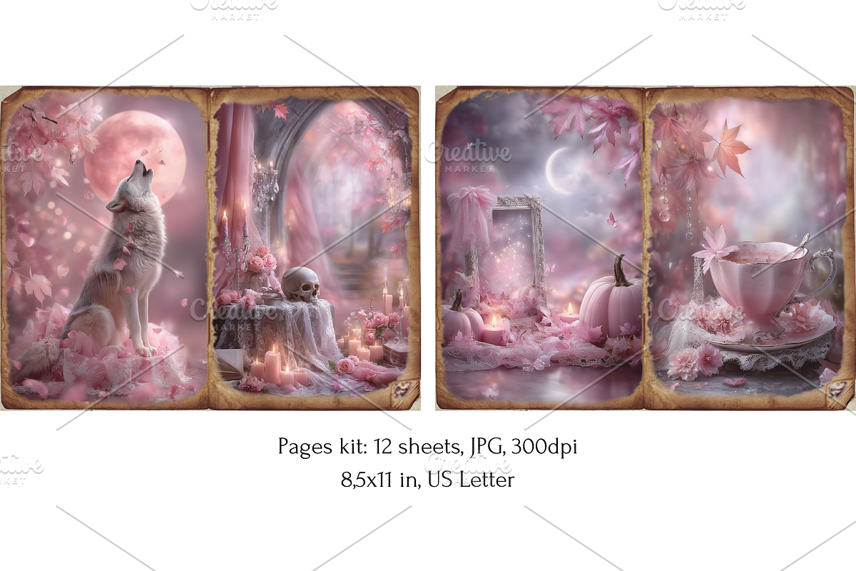 Pink Halloween Junk Journal Pages, a Seasonal Illustration by Print Haven Mochi Vintage (Photo 2 of 11)