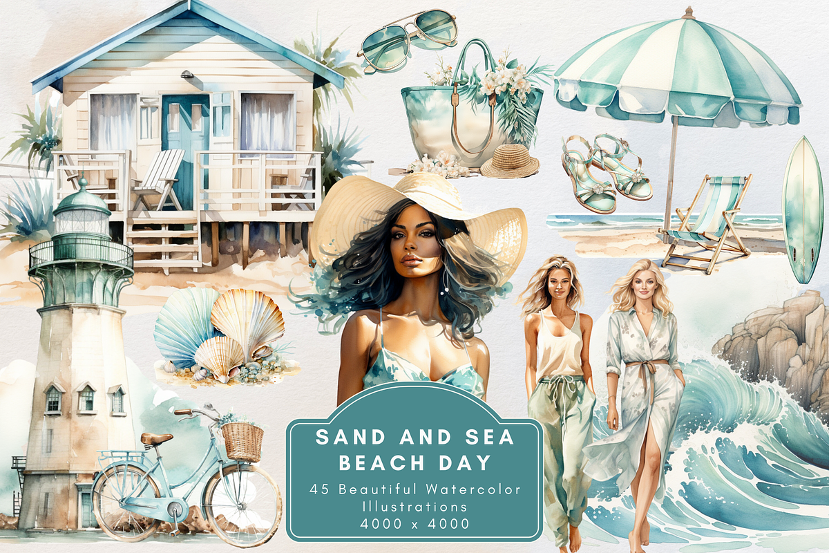 Sand & Sea Beach Day Clipart, an Illustration by NadiaTheronArt (Photo 1 of 5)