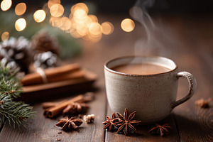 Cozy cup of coffee with spices and bokeh lights, a Food & Drink Photo by AlyaAnd