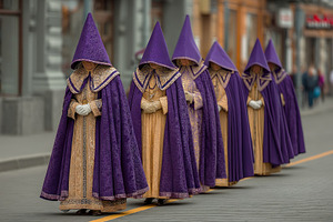 Holy Week religious procession with penitents wearing purple rob, a Person Photo by José Manuel Gelpi