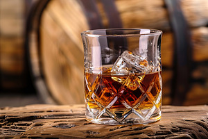 Glass of scotch whiskey and wooden barrel on wooden table, a Food & Drink Photo by AlyaAnd