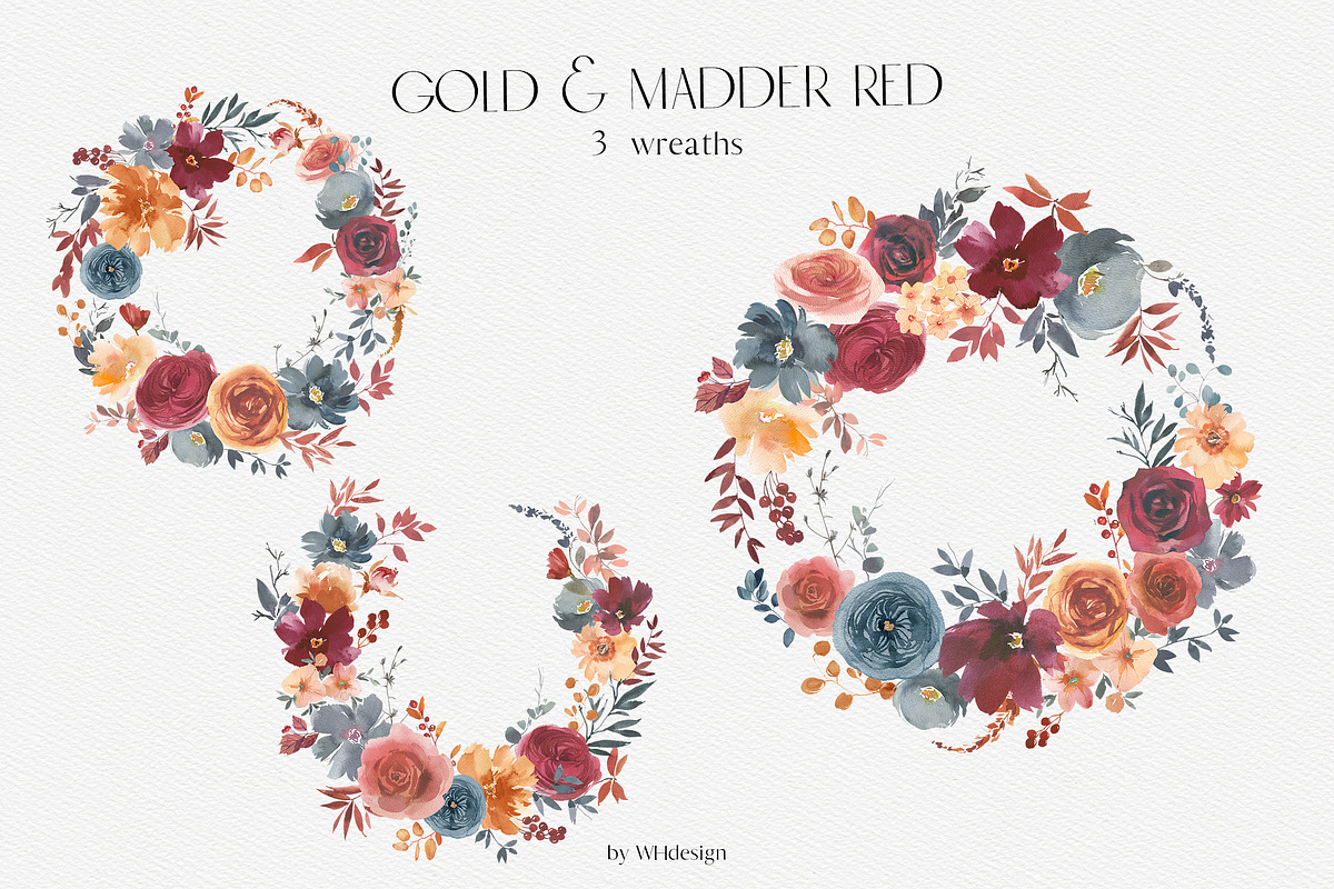 Gold & Madder Red Watercolor Flowers, an Illustration by whiteheartdesign (Photo 3 of 9)
