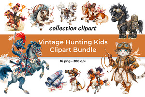 Vintage Hunting Kids Clipart Bundle, an Animal Illustration by InkyQueenArt
