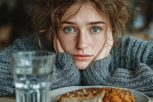 Thoughtful woman at a table with food and water in warm setting, a Photo by AS photostudio