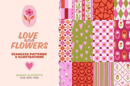 Love and flowers. Seamless patterns