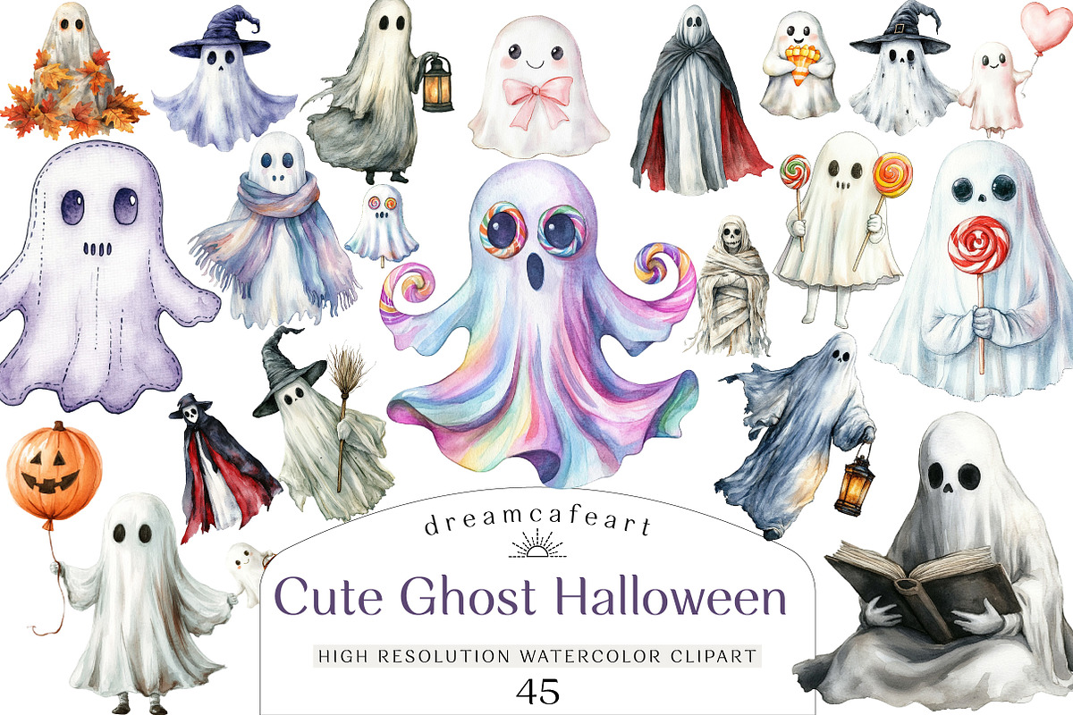 Cute Ghost Halloween Clipart, an Illustration by DreamCafeArt (Photo 1 of 4)