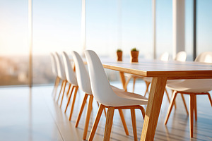 Boardroom with empty chairs and a modern table overlooking the city skyline at, a Business Photo by AlyaAnd