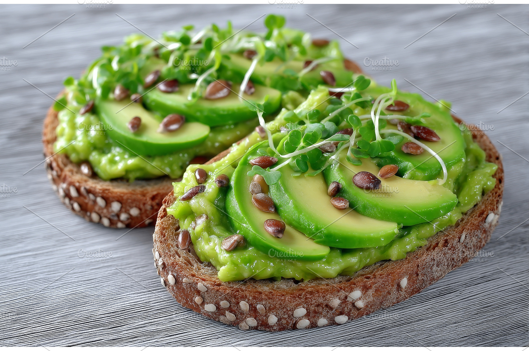 Avocado and microgreen are served on, a Food & Drink Photo by ZinetroN