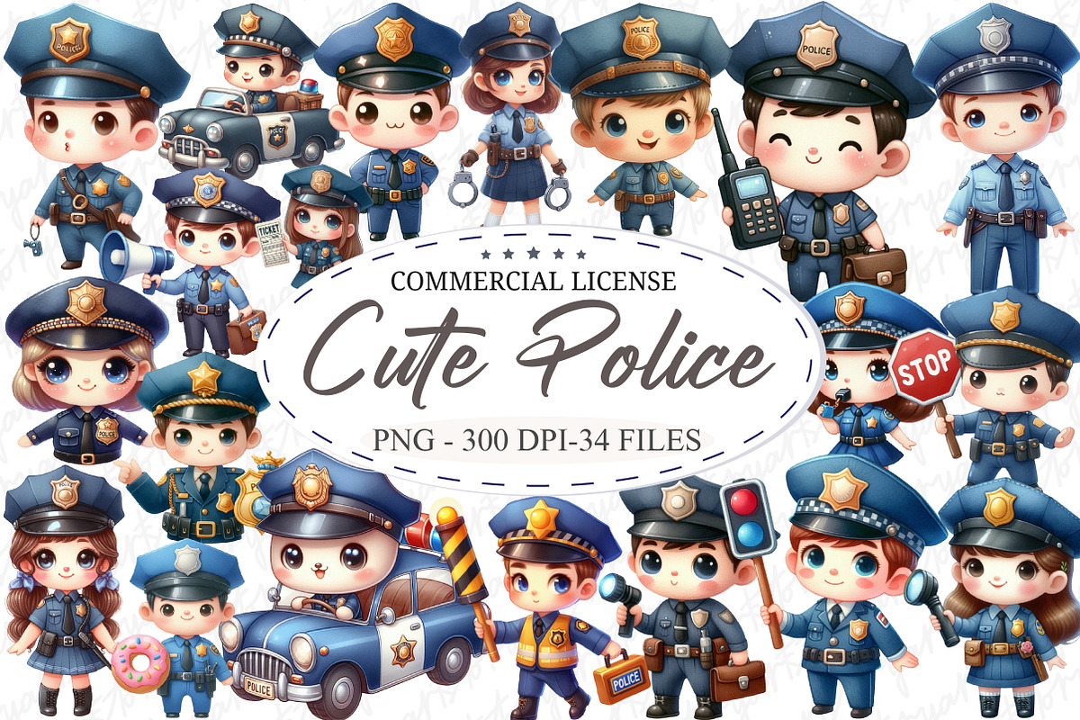 Watercolor Cute Police Clipart, an Illustration by designcity5 (Photo 1 of 5)