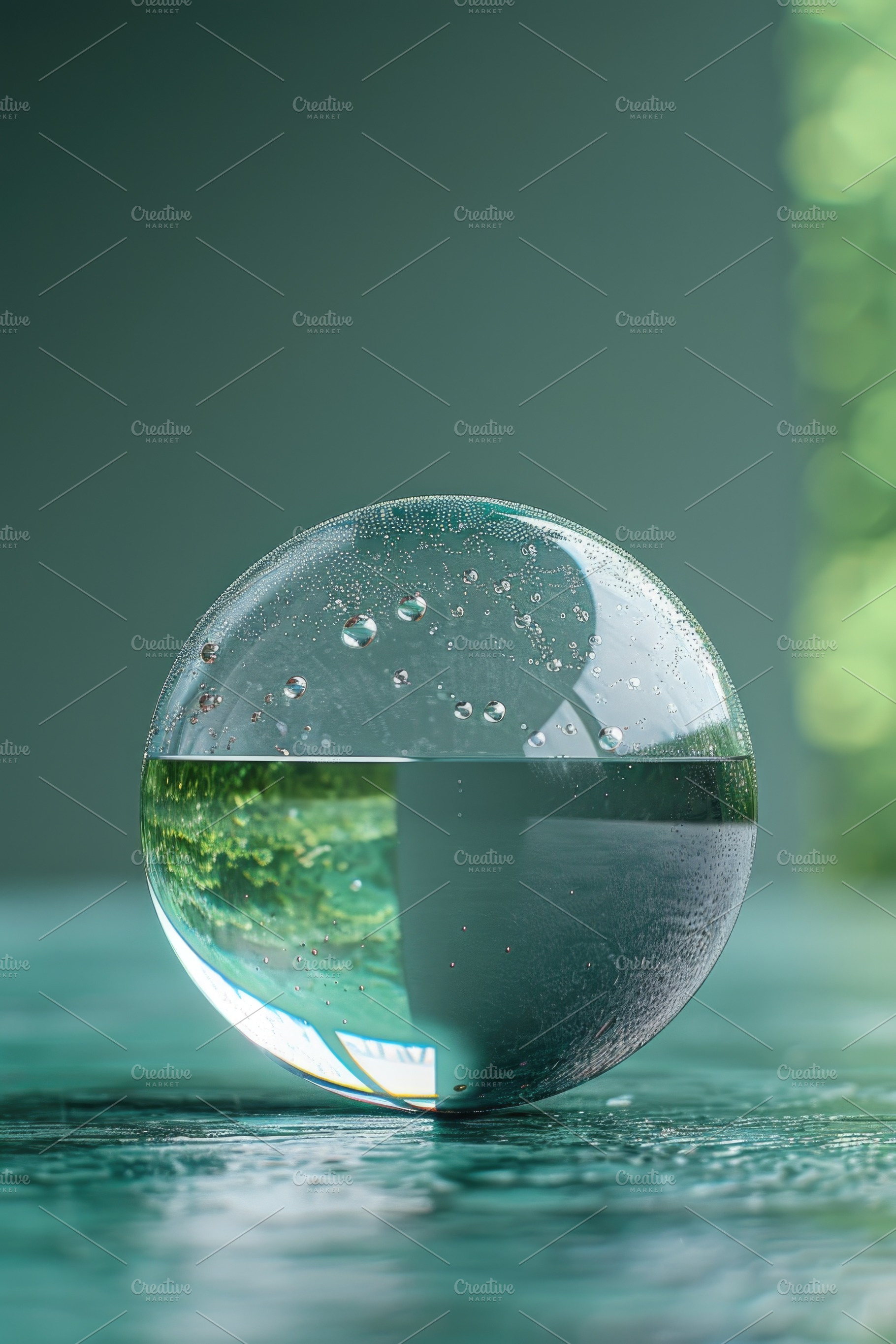 Transparent glass sphere with water and bubbles on green backgro, an Abstract Photo by José Manuel Gelpi