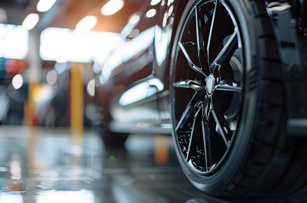 Car wheel with new tire on blurred garage background, a Transportation Photo by AlyaAnd