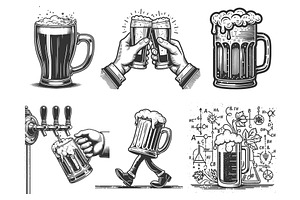 Beer Glass and Cheers engraving, a Food Illustration by AlexArt