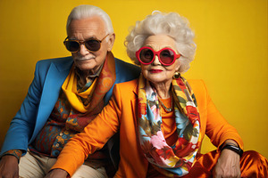 Stylish elderly couple in vibrant attire and sunglasses against, a Person Photo by ImageMir