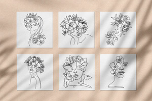 Women And Flowers. One Line Art