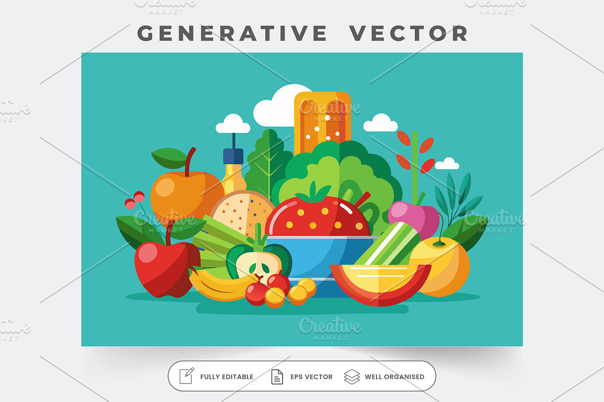 A vibrant display of fruits and vege, a Graphic by Iftikhar Alam