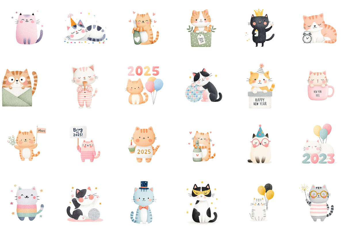 New Year Cat Clipart, Party Graphics, an Illustration by Sublimation Artist (Photo 2 of 6)