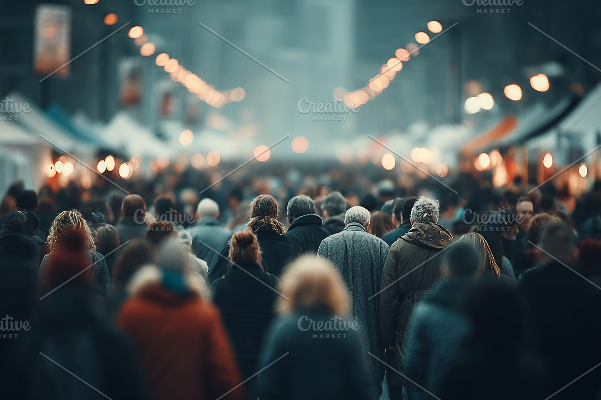 Crowd of people walking through a bustling urban street marketplace at night, a Person Photo by AS photostudio (Photo 2 of 2)