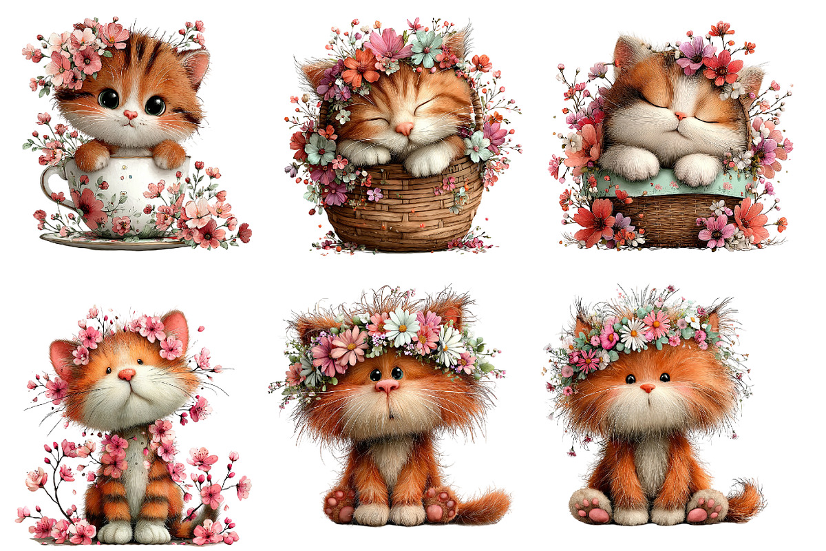 whimsical spring cat clipart, an Illustration by Designworld (Photo 2 of 4)