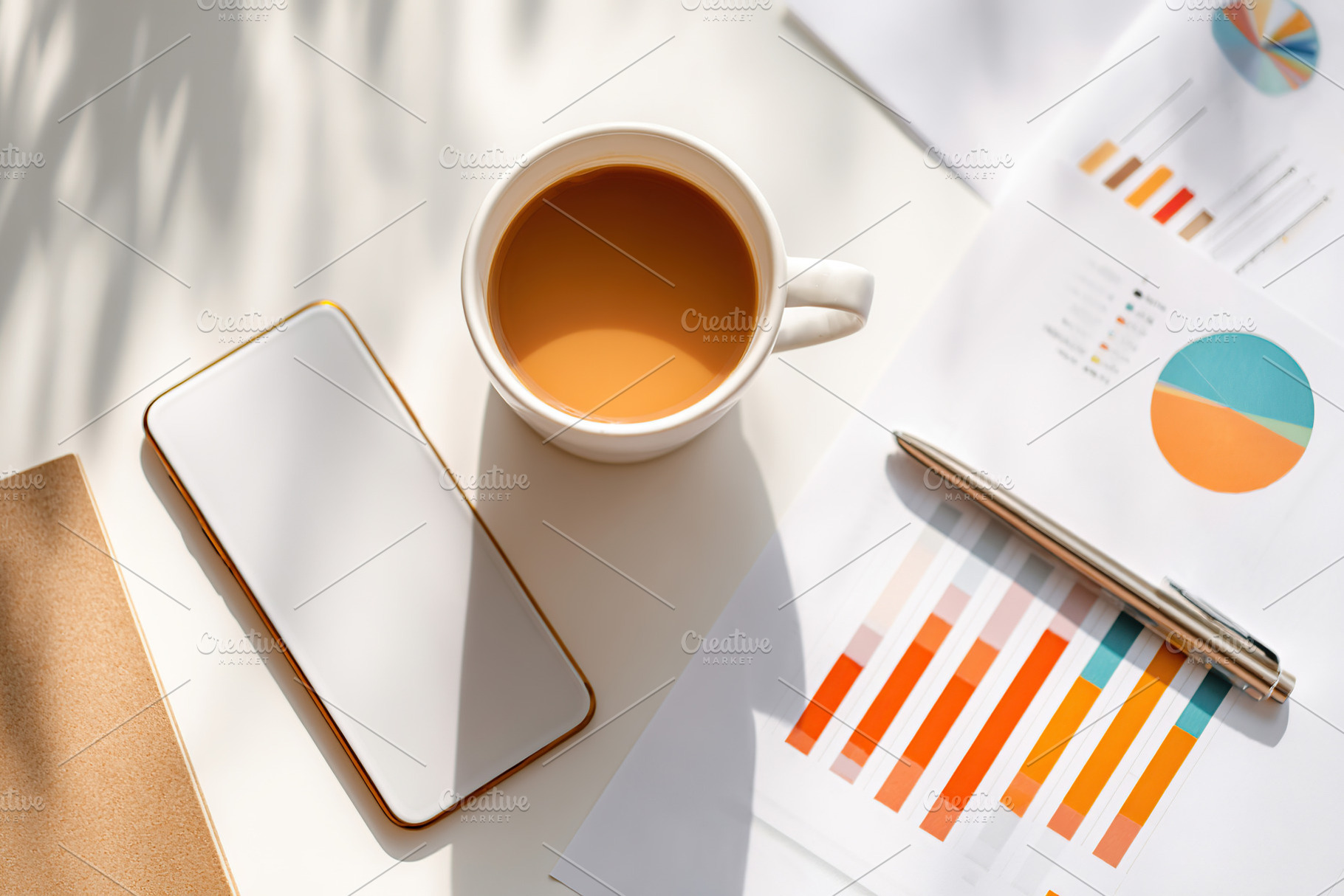 Coffee cup and smartphone beside financial reports on a table, a Photo by AlyaAnd