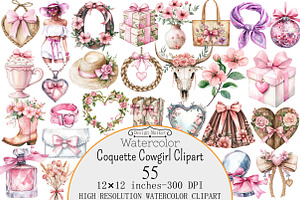 Watercolor Coquette Cowgirl Clipart, a Seasonal Illustration by Design Market