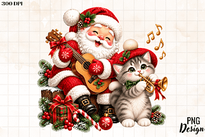 Santa Playing Guitar with Cat PNG