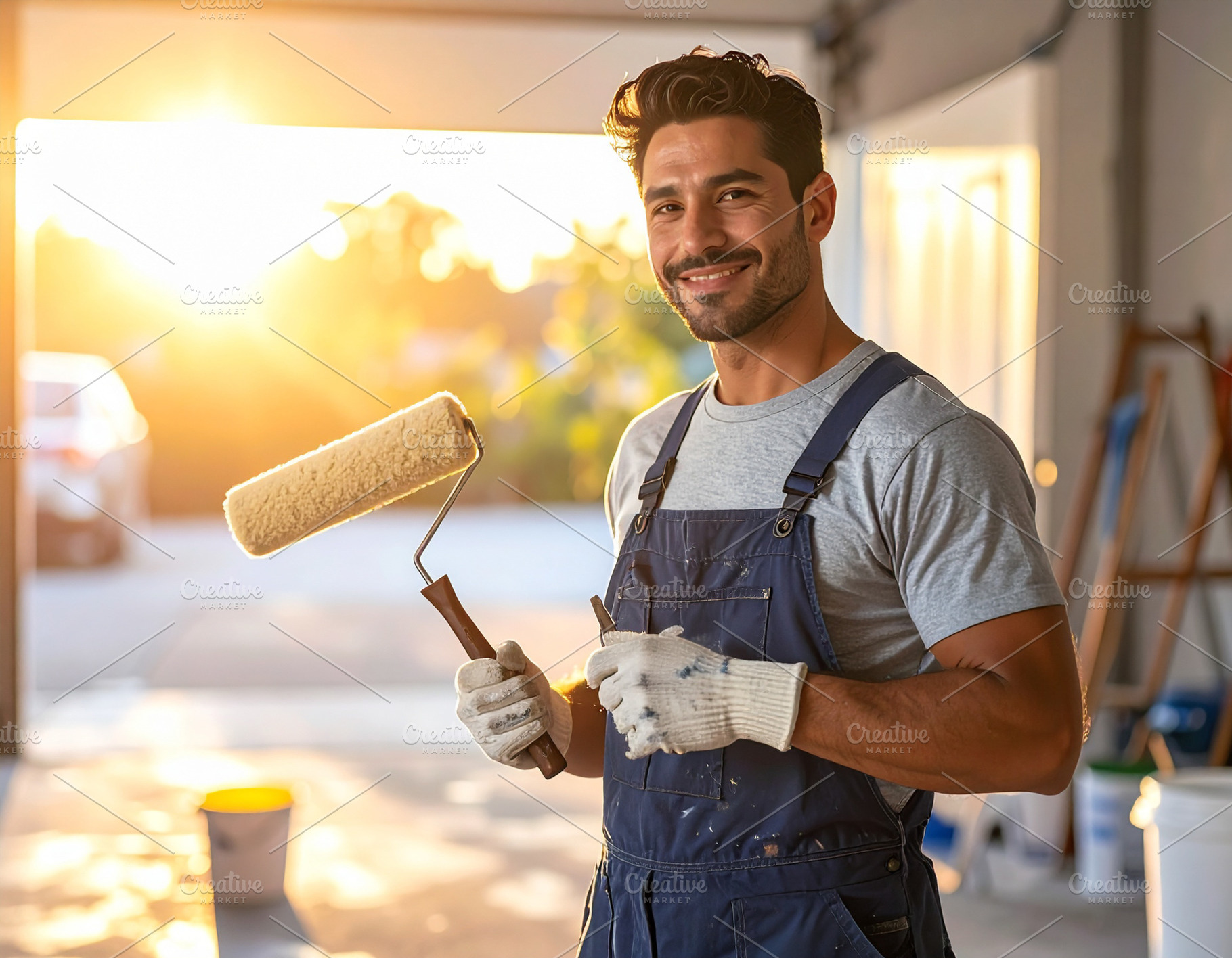 Smiling painter holding a roller in a sunlit workshop, a Person Photo by DanFLCreativo