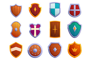 Cartoon shields. Medieval wooden, an Illustration by Valerie Bodnar